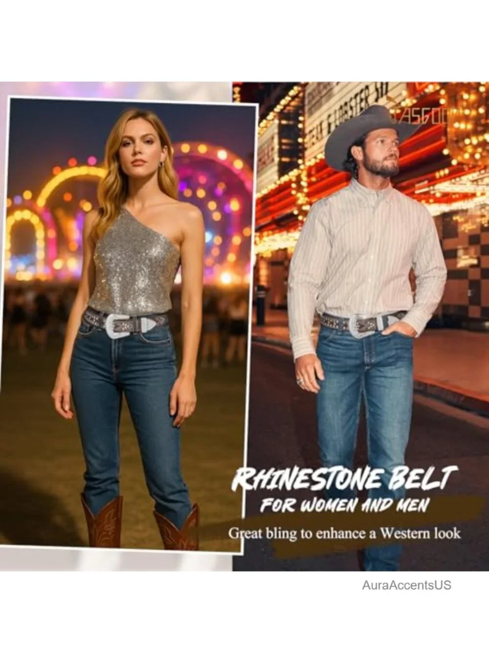 Rhinestone Studded Faux Leather Western Belt Detachable Buckle Unisex Plus Size
